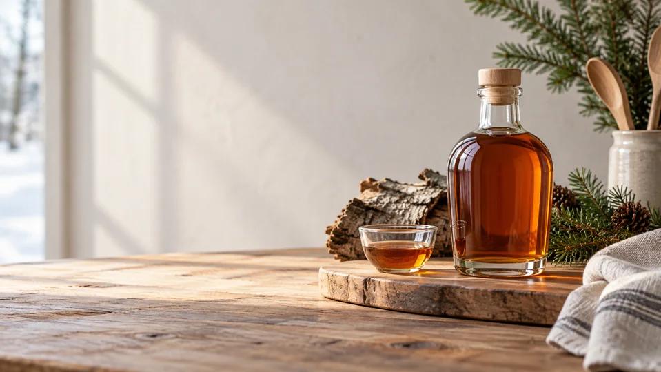 Maple syrup on a sunlit table beside a window