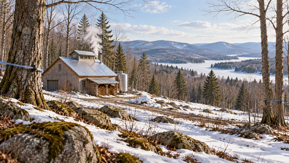 An illustrative sugarhouse in a snowy woodland landscape
