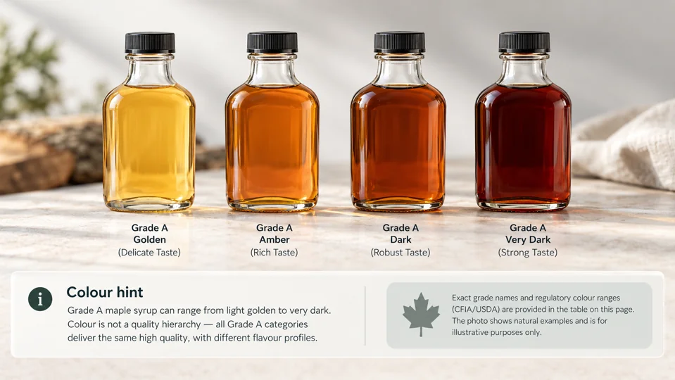 Four illustrative Grade A bottles with colour and taste labels
