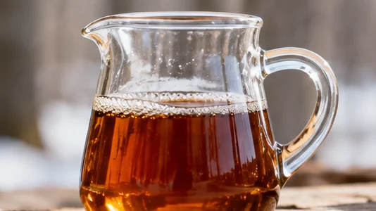Amber maple syrup in a clear glass jug