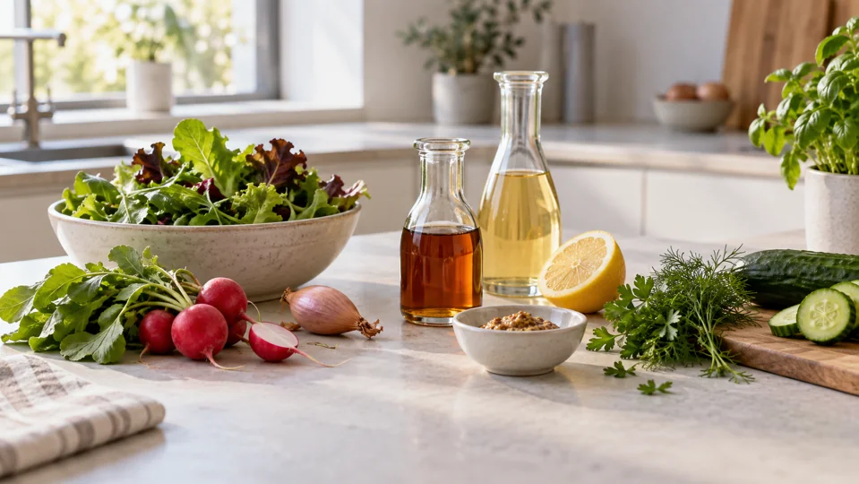 Salad ingredients, maple syrup and oil for a dressing